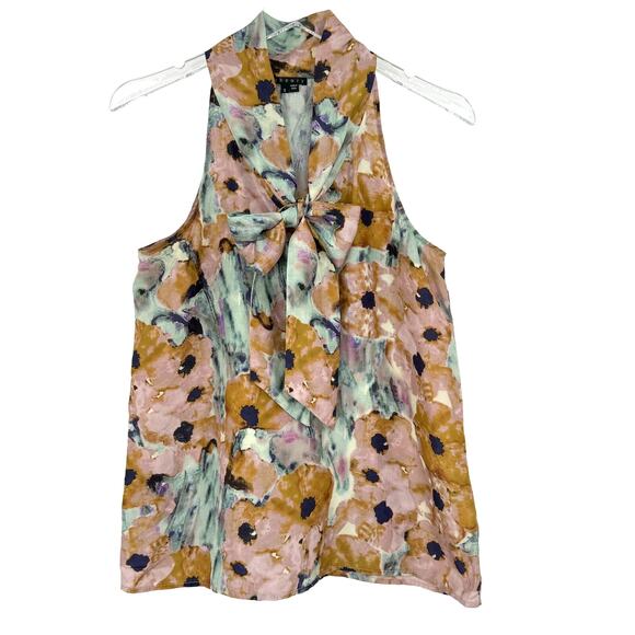 Theory blouse 100% silk watercolor floral sleeveless tie neck sash fairy small - Picture 2 of 8